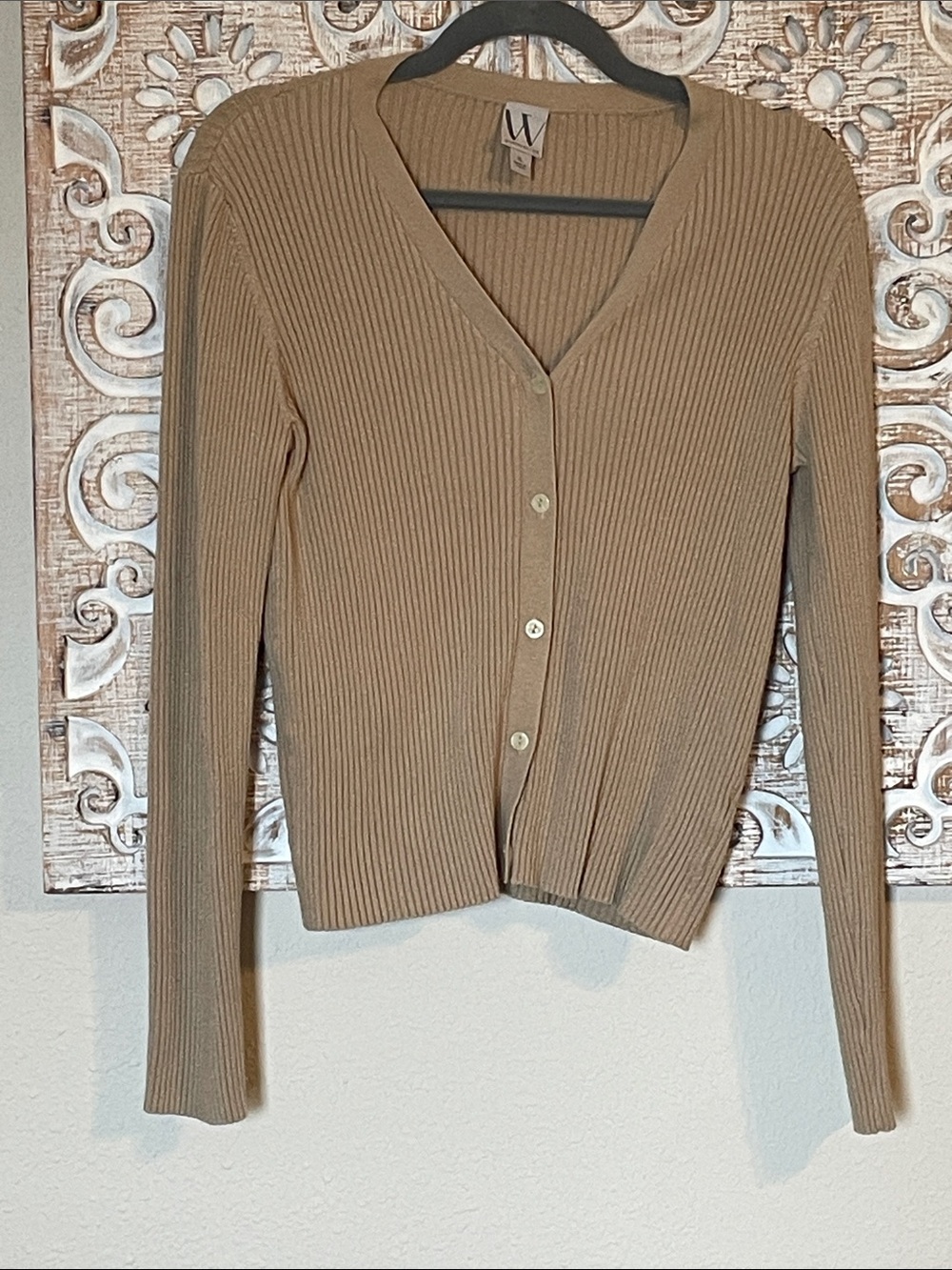 Worthington Ribbed V-Neck Button Cardigan in Taupe